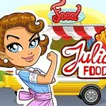 Piirroshahmo poseeraa iloisesti keltaisen ruokarekan edessä, jossa näkyy hampurilainen ja ranskalaiset, sekä teksti Julias Food Truck