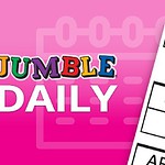 Vaaleanpunaisella taustalla värikäs teksti JUMBLE DAILY ja osittain näkyvä sanaristikko