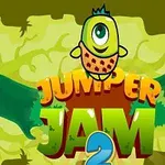 Vihreäsävyinen tausta, jossa on silmällinen olio ja värikkäät sanat JUMPER JAM 2