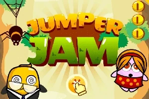 Kuvassa on värikäs otsikko Jumper Jam, piirrokset kahdesta hahmosta, yksi hämähäkki ylhäällä vasemmalla, kolme kolikkoa ylhäällä oikealla, ja keltainen käsi painikkeen päällä keskellä