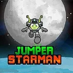 Vihreä avaruusoliohaahmo hyppää suurella kuulla taustalla, ja alapuolella on teksti JUMPER STARMAN