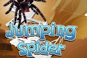 Hämähäkki kiipeää pelikorttien päällä, taustalla on oranssi ja keltainen verkko ja teksti Jumping Spider