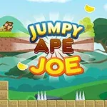 Apina seisoo vihreällä alustalla tekstin Jumpy Ape Joe edessä, taustalla metsäinen maisema ja ilmassa leijuvia banaaneja