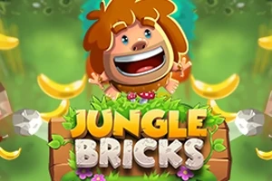 Animaatiohahmo nauraa iloisesti banaanien keskellä vihreässä viidakkomaisemassa, alla teksti Jungle Bricks
