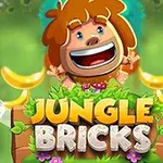 Animaatiohahmo nauraa iloisesti banaanien keskellä vihreässä viidakkomaisemassa, alla teksti Jungle Bricks