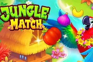 Värikäs papukaija lentää tropiikissa hedelmien ympäröimänä, tekstin Jungle Match vieressä
