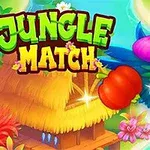 Värikäs papukaija lentää tropiikissa hedelmien ympäröimänä, tekstin Jungle Match vieressä