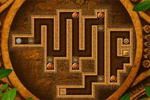 Pyöreässä kehyksessä oleva labyrintti, jossa on puisia reittejä, oransseja ja harmaita palloja sekä lehtiä reunoilla