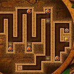Pyöreässä kehyksessä oleva labyrintti, jossa on puisia reittejä, oransseja ja harmaita palloja sekä lehtiä reunoilla