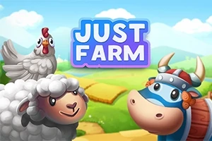 Kana, lammas ja viikinkikypäräinen lehmä seisovat vihreässä maaseutumaisemassa tekstin Just Farm edessä
