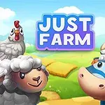 Kana, lammas ja viikinkikypäräinen lehmä seisovat vihreässä maaseutumaisemassa tekstin Just Farm edessä