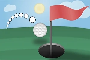 Golfpallo on lentämässä reikää kohti vihreällä kentällä, taustalla sininen taivas, pilviä ja aurinko sekä punainen lippu reiän vieressä