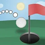 Golfpallo on lentämässä reikää kohti vihreällä kentällä, taustalla sininen taivas, pilviä ja aurinko sekä punainen lippu reiän vieressä