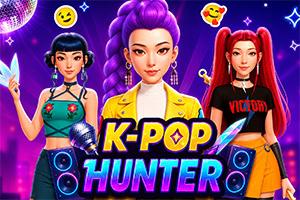 Kolme värikästä K-pop-tyylistä hahmoa neonvioletilla taustalla, kaiuttimien, diskopallon ja K-POP HUNTER -tekstin edessä