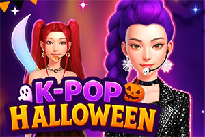 Kaksi tyyliteltyä K-pop-hahmoa Halloween-teemaisessa kuvassa, jossa on violetti tausta, kurpitsa, kummitus ja teksti K-POP HALLOWEEN