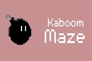 Musta pikselöity pommi vaaleanpunaisella taustalla, jossa lukee Kaboom Maze