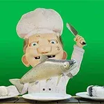Animaatiohahmo kokin asussa heiluttaa veistä ja pitää kalaa kädessään vihreällä taustalla, ja edessä on lautasella sushia