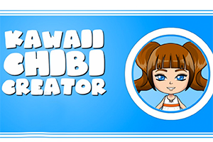 Sinisellä taustalla on teksti Kawaii Chibi Creator ja oikealla puolella pieni piirretty hahmo, jolla on ruskeat hiukset ja isot siniset silmät