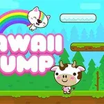 Kuvassa on sarjakuvamaisia eläinhahmoja, kuten kissa ja lehmä, sateenkaaren alla värikkäällä metsän taustalla, ja isolla tekstillä Kawaii Jump