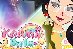 Nuori nainen piirrettyinä kasvot päällä, päällään isot silmälasit ja vaaleat korvakorut, taustalla pastellinsävyinen tähtitaivas ja sateenkaari, sekä teksti Kawaii Realm Adventure
