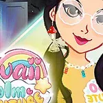 Nuori nainen piirrettyinä kasvot päällä, päällään isot silmälasit ja vaaleat korvakorut, taustalla pastellinsävyinen tähtitaivas ja sateenkaari, sekä teksti Kawaii Realm Adventure