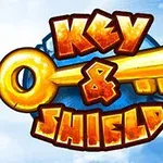 Kuvassa on suuri, kultainen avain ja teksti Key & Shield sinistä taustaa vasten, sekä pilviä ja pieni mustavalkoinen hahmo yläkulmassa