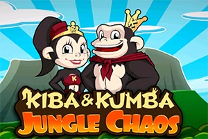 Kaksi sarjakuvamaista apinaa, joilla on kruunut ja punaiset asusteet, seisovat yhdessä kirkkaan sinisessä ja vihreässä viidakkoasetelmassa tekstin Kiba & Kumba Jungle Chaos edessä