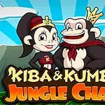 Kaksi sarjakuvamaista apinaa, joilla on kruunut ja punaiset asusteet, seisovat yhdessä kirkkaan sinisessä ja vihreässä viidakkoasetelmassa tekstin Kiba & Kumba Jungle Chaos edessä