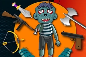 Animoitu hahmo zombina ympäröitynä erilaisilla aseilla, kuten jousella, miekalla, kirveellä, konekiväärillä ja pistoolilla