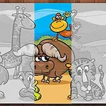 Leijona, kirahvi, puhveli, apina ja seepra seisovat värikkäässä sarjakuvamaisemassa auringon alla
