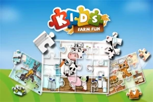 Lasten palapeli, jossa on lehmiä ja niittymaisema sekä värikäs Kids Farm Fun -teksti yläosassa