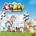 Lasten palapeli, jossa on lehmiä ja niittymaisema sekä värikäs Kids Farm Fun -teksti yläosassa