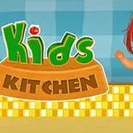 Punatukkainen piirretty lapsihahmo raidallisessa paidassa seisoo keittiössä, seinällä teksti Kids Kitchen