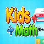 Värikäs Kids Math -logo sinisellä taustalla, mukana matemaattinen tehtävä ja vastausvaihtoehtoja älypuhelimen näytöllä