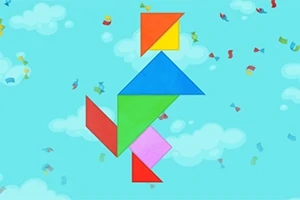 Kotka on muodostettu värikkäistä tangram-palasista sinistä pilvistä koostuvalla taustalla