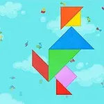 Kotka on muodostettu värikkäistä tangram-palasista sinistä pilvistä koostuvalla taustalla