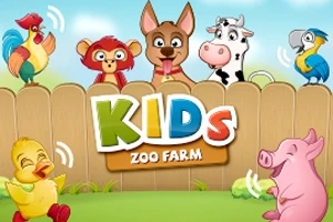 Eläinhahmot kuten apina, koira, lehmä, papukaija, ankka ja possu aidan edessä värikkään KIDS-tekstin kanssa