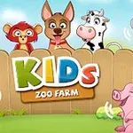 Eläinhahmot kuten apina, koira, lehmä, papukaija, ankka ja possu aidan edessä värikkään KIDS-tekstin kanssa