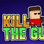 Piirroshahmo punaisessa paidassa ja aurinkolaseissa seisoo kirjainten KILL THE GUY päällä, pitäen suurta asetta kädessään sinisellä taustalla