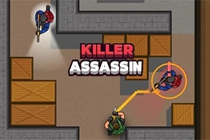 Ylhäältä päin kuvattu labyrinttimainen huone, jossa on puisia laatikoita ja kolme hahmoa; keskelle on kirjoitettu teksti Killer Assassin