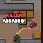 Ylhäältä päin kuvattu labyrinttimainen huone, jossa on puisia laatikoita ja kolme hahmoa; keskelle on kirjoitettu teksti Killer Assassin