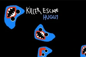 Sinisellä taustalla on useita piirrettyjä, leveästi hymyileviä kasvoja mustilla silmillä ja terävillä hampailla sekä teksti Killer Escape Huggy