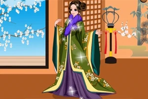 Anime-tyylinen hahmo yllään koristeellinen vihreä ja violetti kimono, seisoo perinteisessä huoneessa, jossa kirsikankukkia ja paperilyhty
