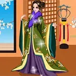 Anime-tyylinen hahmo yllään koristeellinen vihreä ja violetti kimono, seisoo perinteisessä huoneessa, jossa kirsikankukkia ja paperilyhty