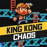 Pixeloitu hahmo tynnyreiden ja banaanin keskellä, taustalla sinisiä rakenteita ja punaisia tikkaita, teksti King Kong Chaos edessä