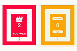 Punainen ruutu, jossa kruunu ja teksti YOU WON, numerolla 2, ja oranssi ruutu tekstillä PLAY R0UND ja numerolla 0