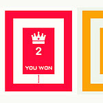 Punainen ruutu, jossa kruunu ja teksti YOU WON, numerolla 2, ja oranssi ruutu tekstillä PLAY R0UND ja numerolla 0