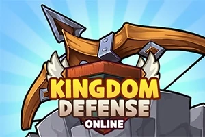 Jousipyssy ja Kingdom Defense Online -teksti sinisellä säteittäisellä taustalla