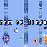 Sinisellä taustalla on pikselityyliä edustavia hahmoja, laatikoita, portti, sekä teksti Kingdom of Ninja 3