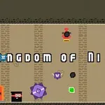 Tekstillä Kingdom of Ninja 4 varustettu kuvioitu pelikenttä, jossa on värikkäitä hahmoja ja elementtejä, kuten portti, laatikko ja erivärisiä kuvioita